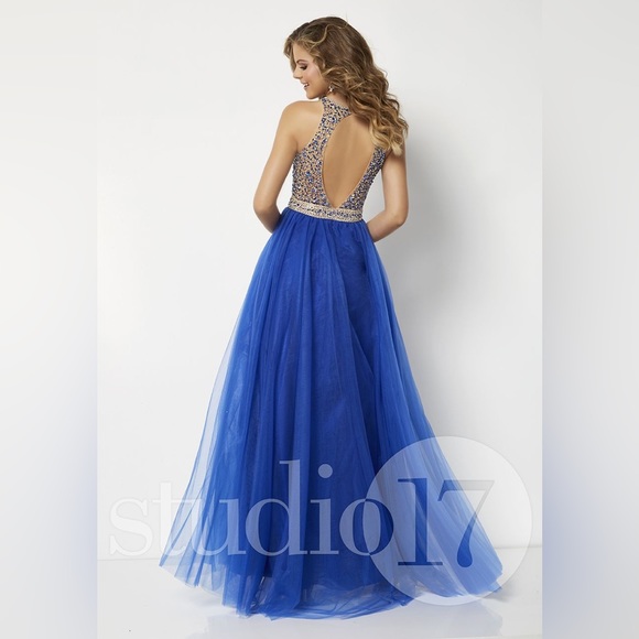 Studio 17 12667 Cutout Back Long Royal Blue Prom Dress illusion neck line - Picture 2 of 11